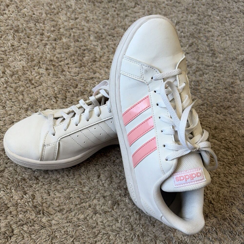 3 Pink Stripes Adidas Grand Court Base Athletic Training Shoes White 8 M EG4055